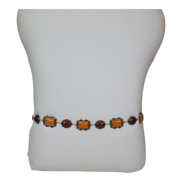 Haute Hippie Style Brown & Orange Stone Chain Belt One Size Adjustable 41" Long - Picture 4 of 13